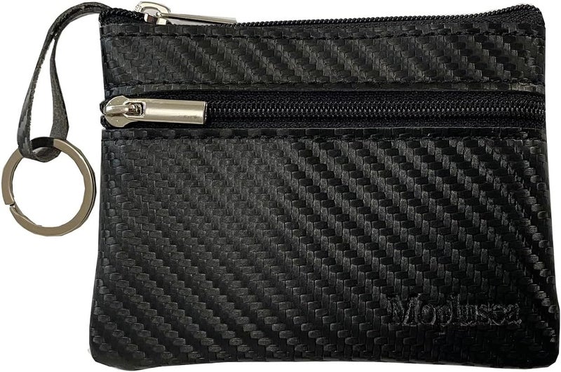 Moplusea Genuine Leather Small Coin Purse Wallet With Keychain Mini Change Purse Coin Pouch Holder For Men (GLCB014 Carbon Black) - Image 1